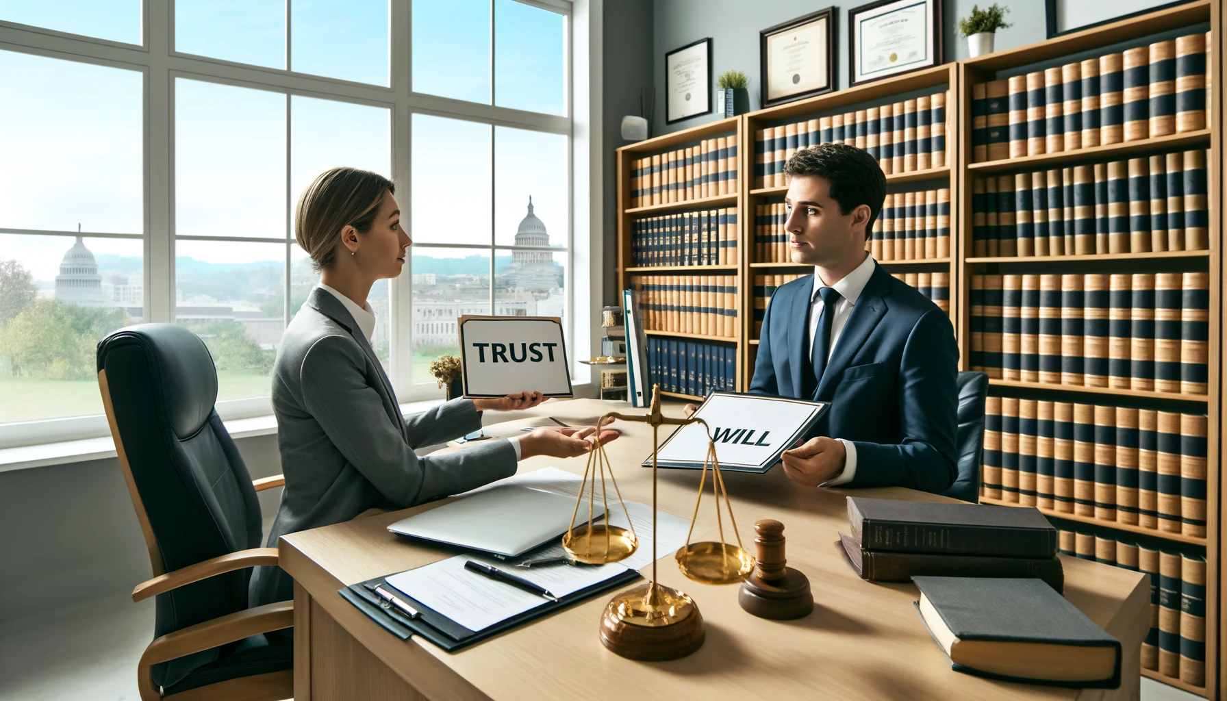 A professional legal office in Washington, D.C., where a lawyer is presenting two documents labeled "Trust" and "Will" to a client. The client listens attentively as the lawyer explains estate planning options. The office features bookshelves filled with legal books, framed certificates on the walls, and a window with a view of the D.C. skyline. A balance scale on the desk symbolizes the comparison between the two estate planning choices.