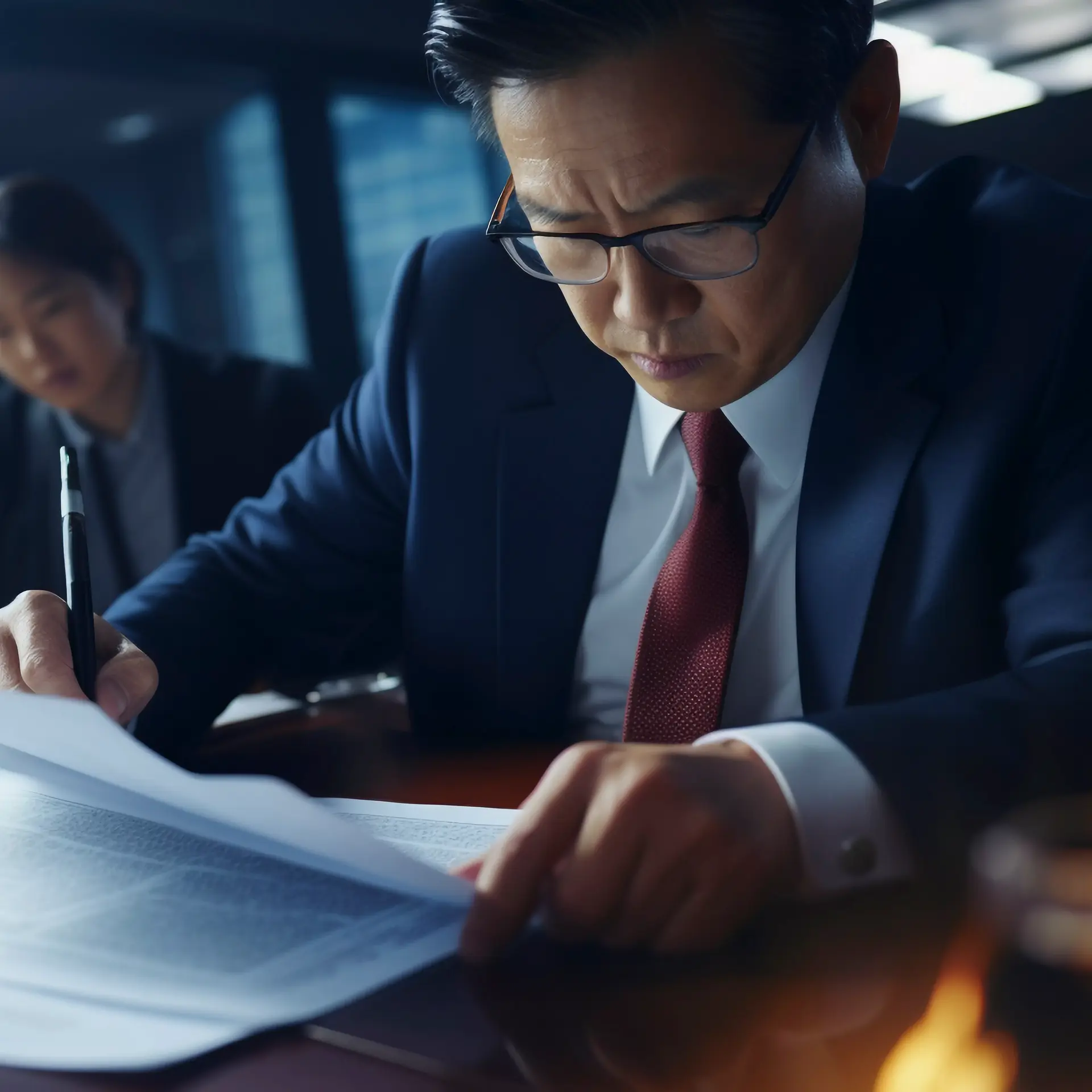 Lawyers reviewing contracts together at a polished wooden desk