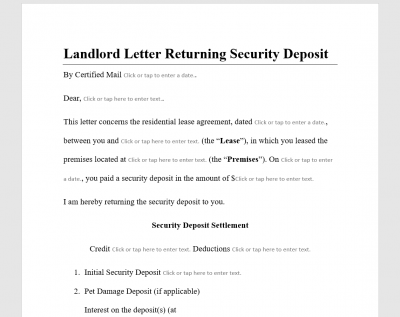 Landlord Letter Returning Security Deposit